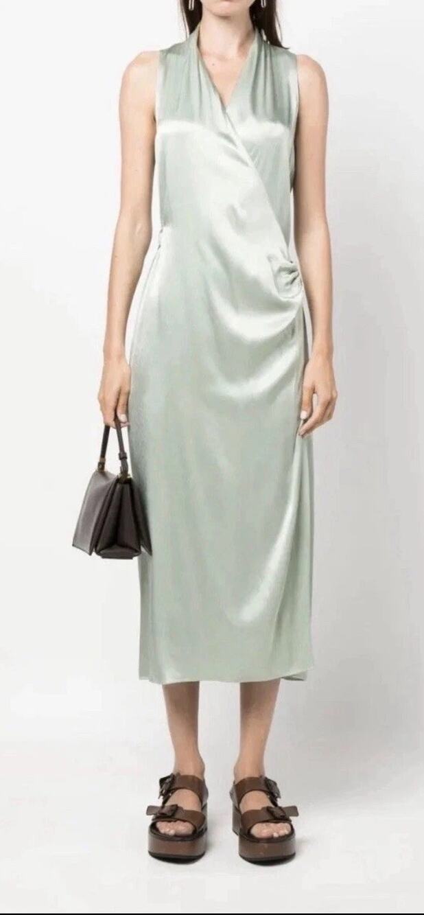 Vince XL Satin-Finish V-Neck Wrap Dress Sage Green Midi Chic Silky